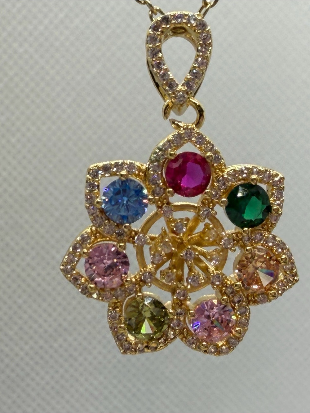 Gold-Tone Multigem Flower Pendant Necklace in Pink, Blue, Green